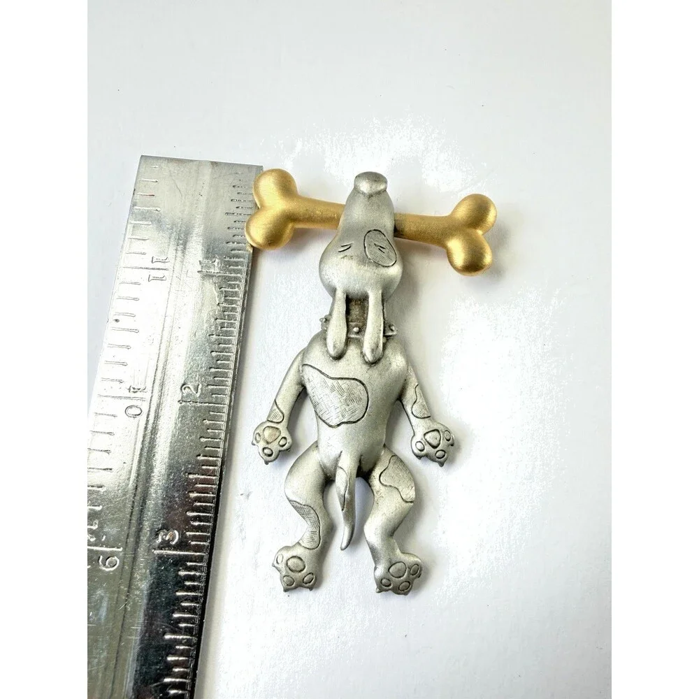 Vintage JJ Jonette Articulated Dog Brooch Silver Pin Pewter Gold Bone Cute 90s
